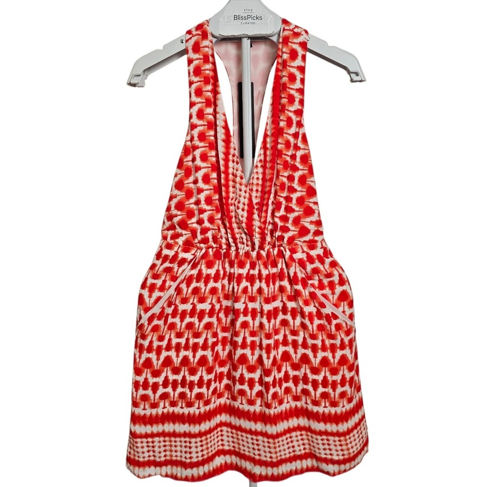 Aryn K NWT Ikat Halter Mini Dress S Red White Deep V Resort Coastal Boho T-back